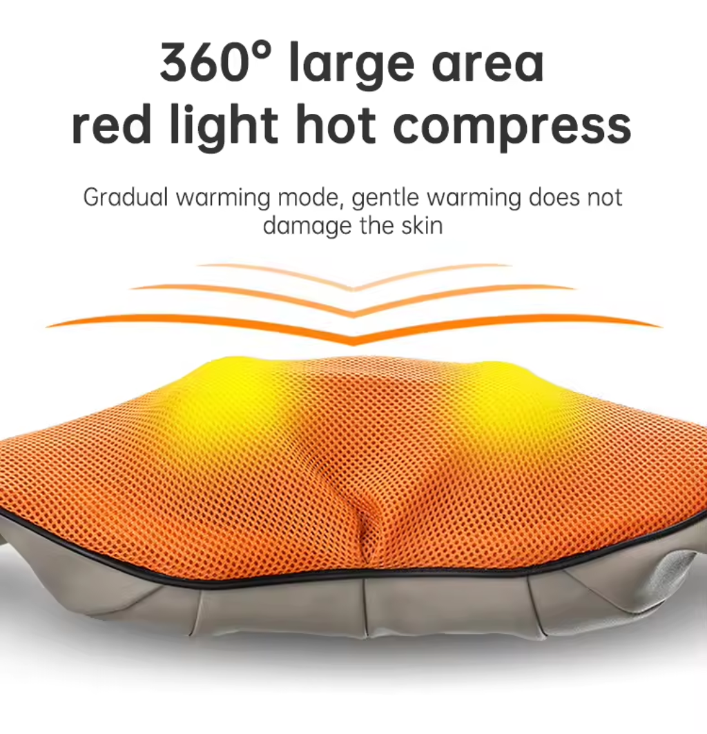 Close-up of the red light heating element of a massager, illustrating its 360-degree large area hot compress function for gradual warming.