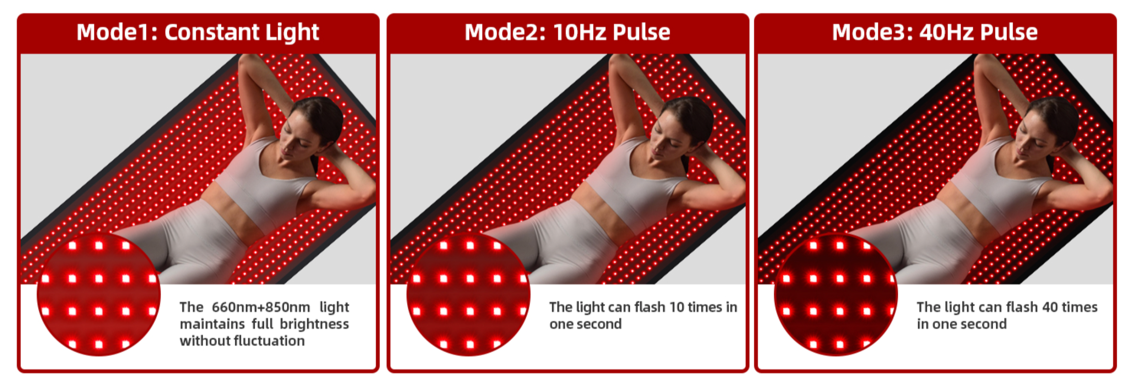 0Hz pulse mode on BlinkRecover red light therapy bag providing high-frequency flashes for deep tissue recovery and regeneration.