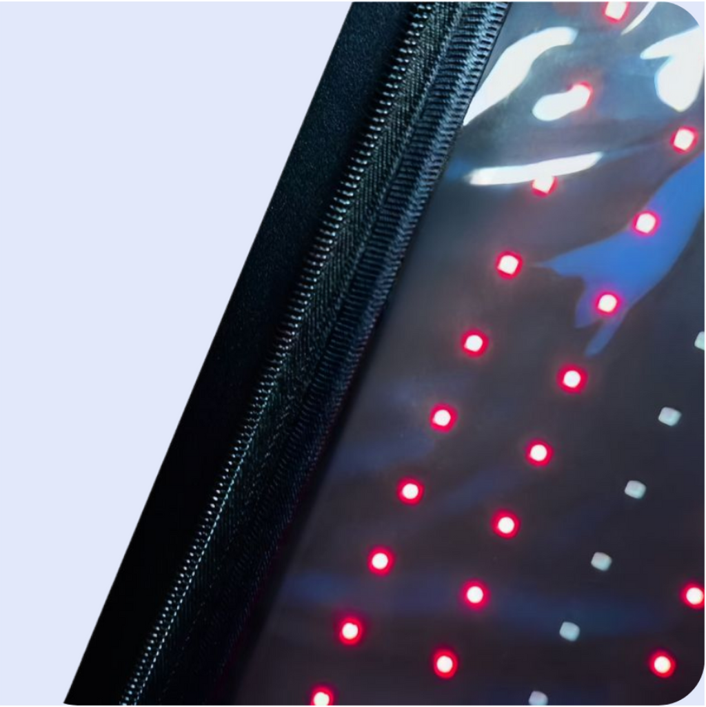 Detailed view of the RLB BlinkRecover red light therapy bag with visible red LEDs and zipper, emphasizing high-quality LED chips for therapy.