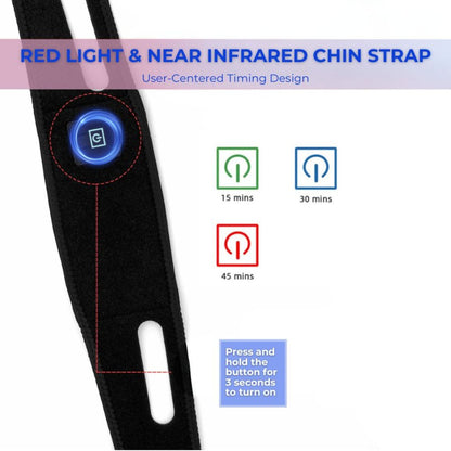 Close-up of the RLB BlinkRecover Red Light Therapy Strap control panel, showing easy-to-use buttons for adjusting therapy settings