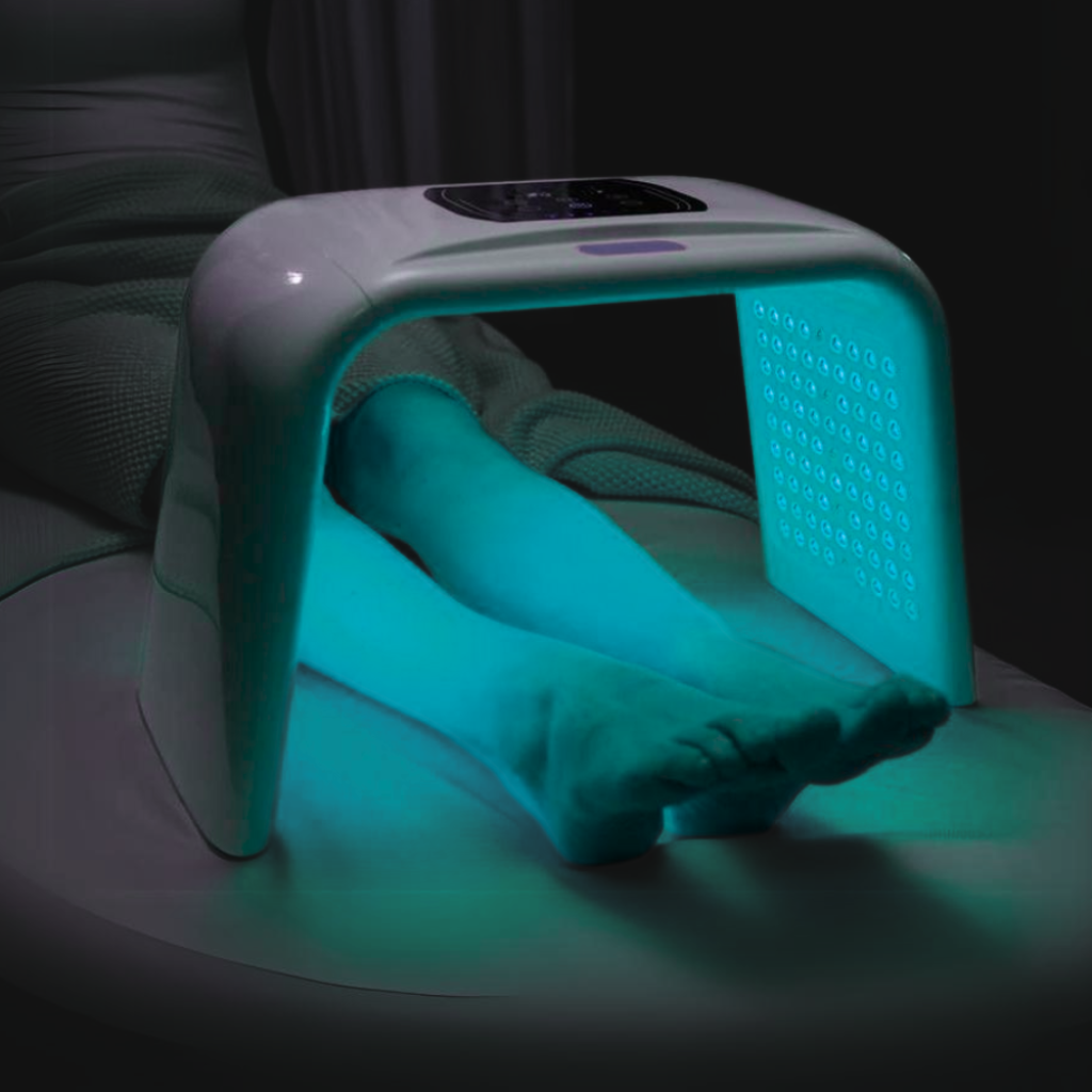 RLB Salon-Grade LED Light Therapy System emitting green light for reducing redness and evening out skin tone