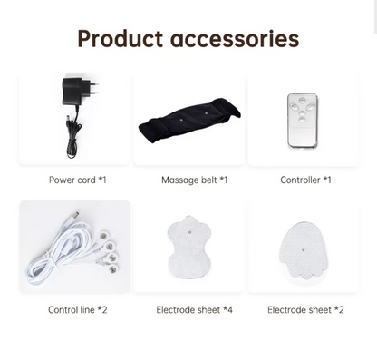 Complete set of foot massager accessories including power cord, massage belt, controller, control lines, and electrode sheets, essential for comprehensive physical therapy and massage.