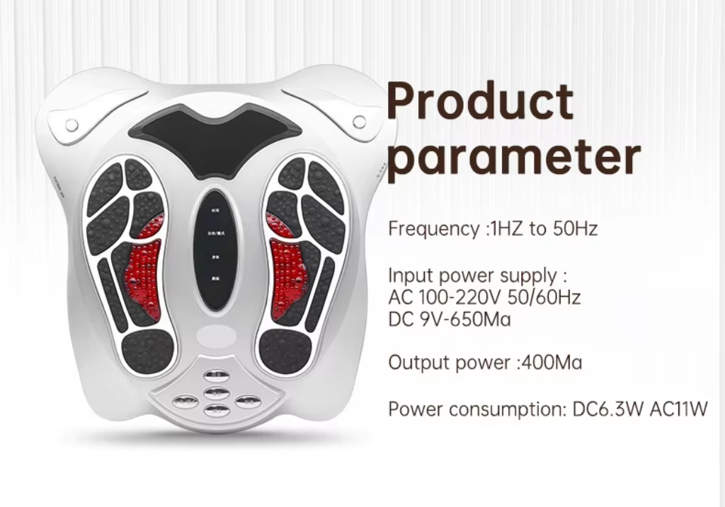 Foot massager device with detailed product parameters including frequency, input power supply, output power, and power consumption, highlighting its advanced technology and energy efficiency.