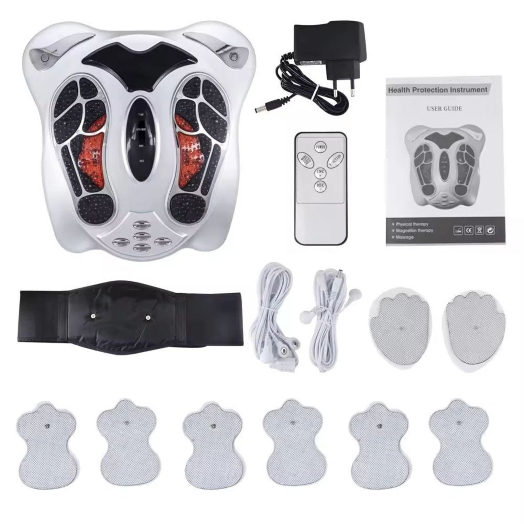 Complete foot massager set including the main device, remote control, power adapter, user guide, waist massage band, and multiple body massage electrodes for comprehensive physical therapy.