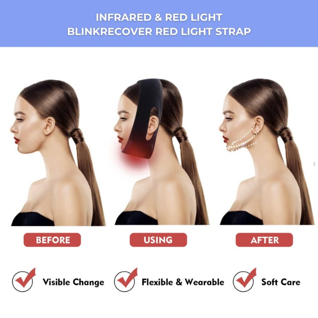 RLB BlinkRecover Red Light Therapy Strap applied on the head and neck, highlighting its effectiveness for relieving tension and promoting relaxation