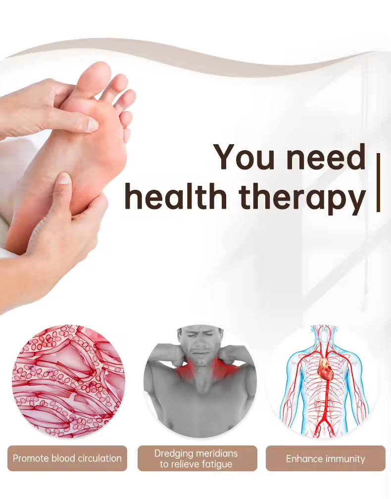 Illustration of health therapy benefits from using a foot massager, emphasizing improved blood circulation, dredging meridians to relieve fatigue, and enhanced immunity, suitable for overall well-being.