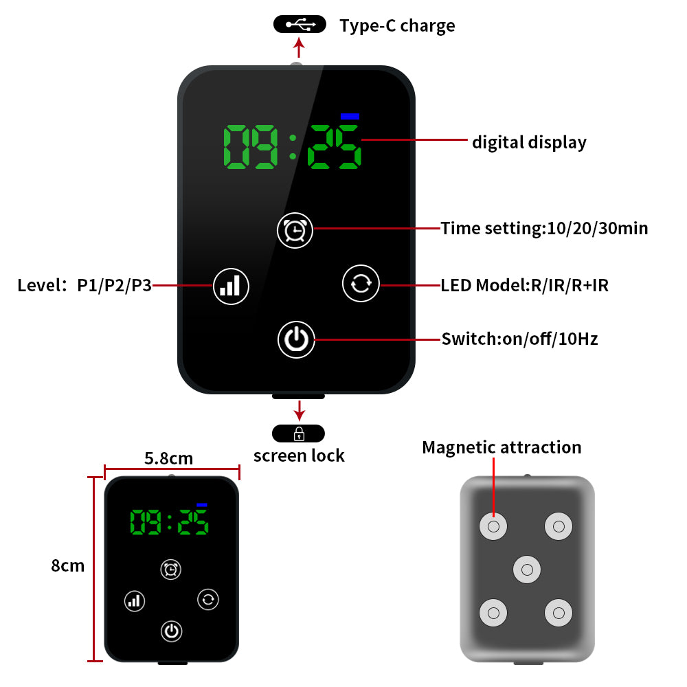 Detailed view of the LED Red Light Knee Pad control panel, showing the digital display, time settings, LED modes, and magnetic attraction feature for easy use.