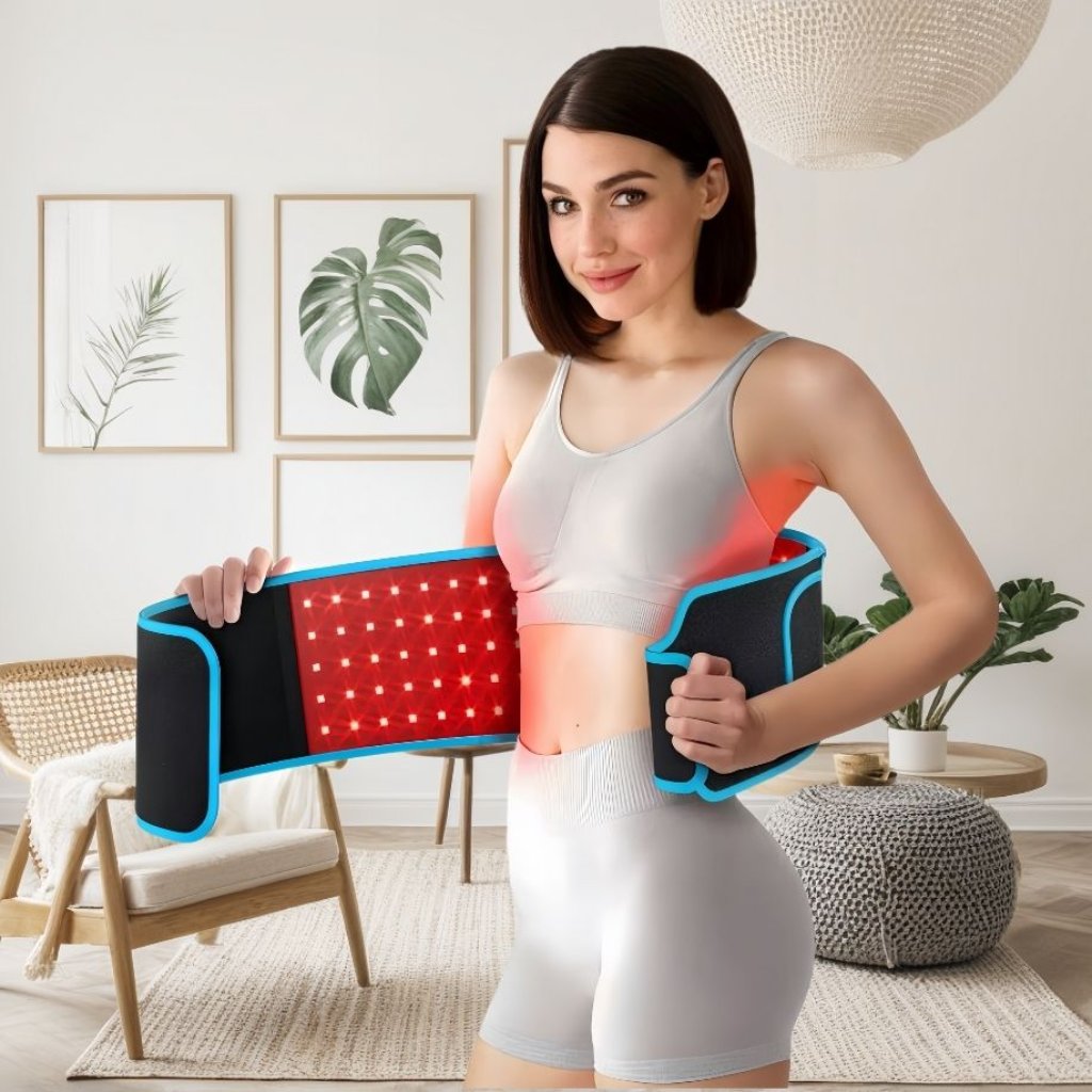 Model using the RLB BlinkRecover Red Light Therapy Wrap on the lower back, demonstrating its effectiveness for muscle recovery