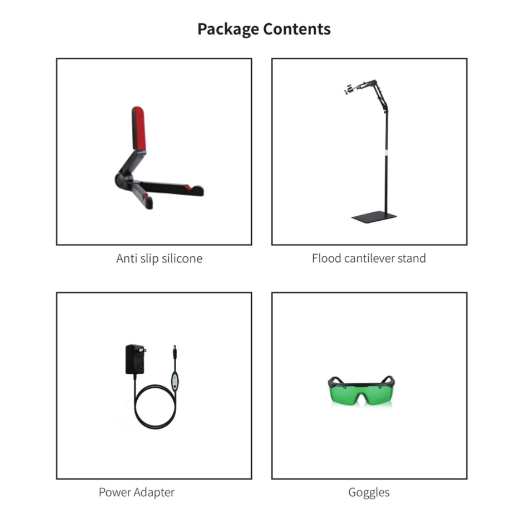 Contents of the RLB BlinkRecover Red Light Therapy Lamp package, including the lamp, stand, and user manual