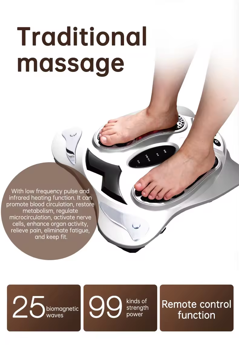 Person using a traditional foot massager with advanced features like low frequency pulse, infrared heating, 25 biomagnetic waves, and 99 strength levels for pain relief and improved blood circulation.