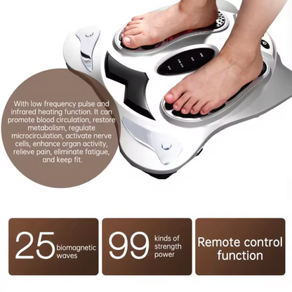 Close-up of feet on a foot massager device with features like low frequency pulse, infrared heating, 25 biomagnetic waves, and remote control for comprehensive pain relief and blood circulation improvement.