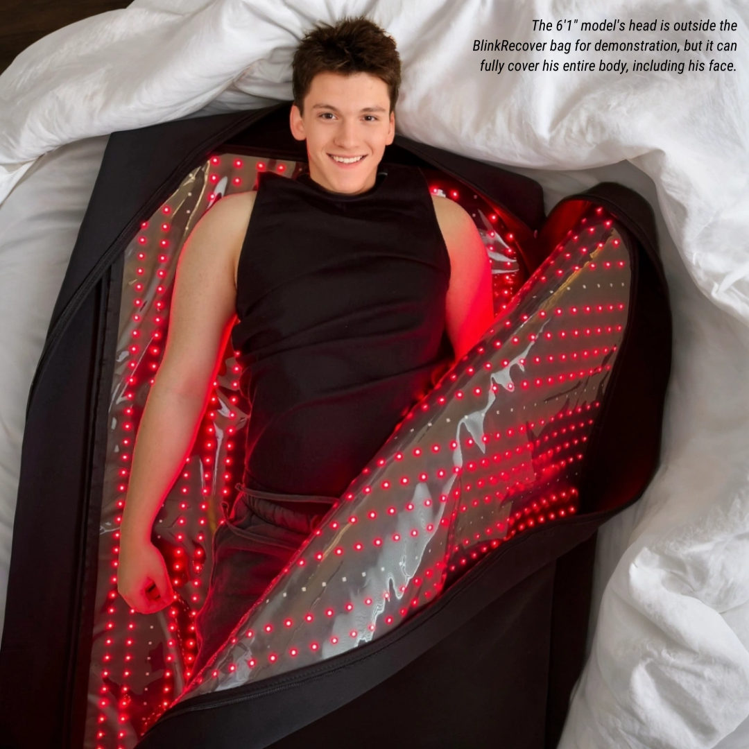 Person using BlinkRecover Full Body Red Light Therapy Bag for anti-aging and holistic wellness, enjoying full-body treatment for muscle recovery and skin rejuvenation.