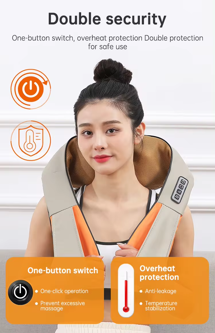 Woman using a beige and orange neck and shoulder massager with highlighted one-button switch and overheat protection features for safe use.