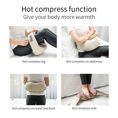 Various applications of a hot compress function, showing it being used on the leg, abdomen, waist and back, and soles for warmth and relaxation.