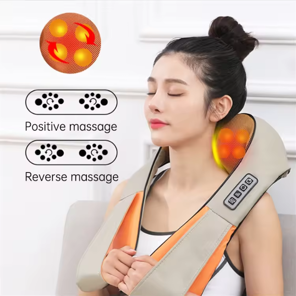 Woman experiencing positive and reverse massage modes with a beige and orange neck and shoulder massager, showcasing its adjustable kneading directions and heating function.