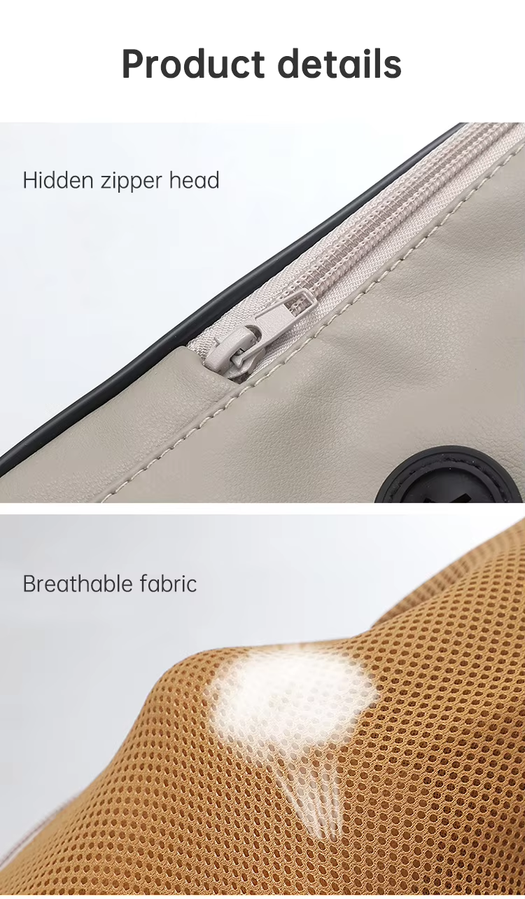 Close-up of the hidden zipper head and breathable fabric of a beige and orange neck and shoulder massager, showcasing its high-quality material and design.