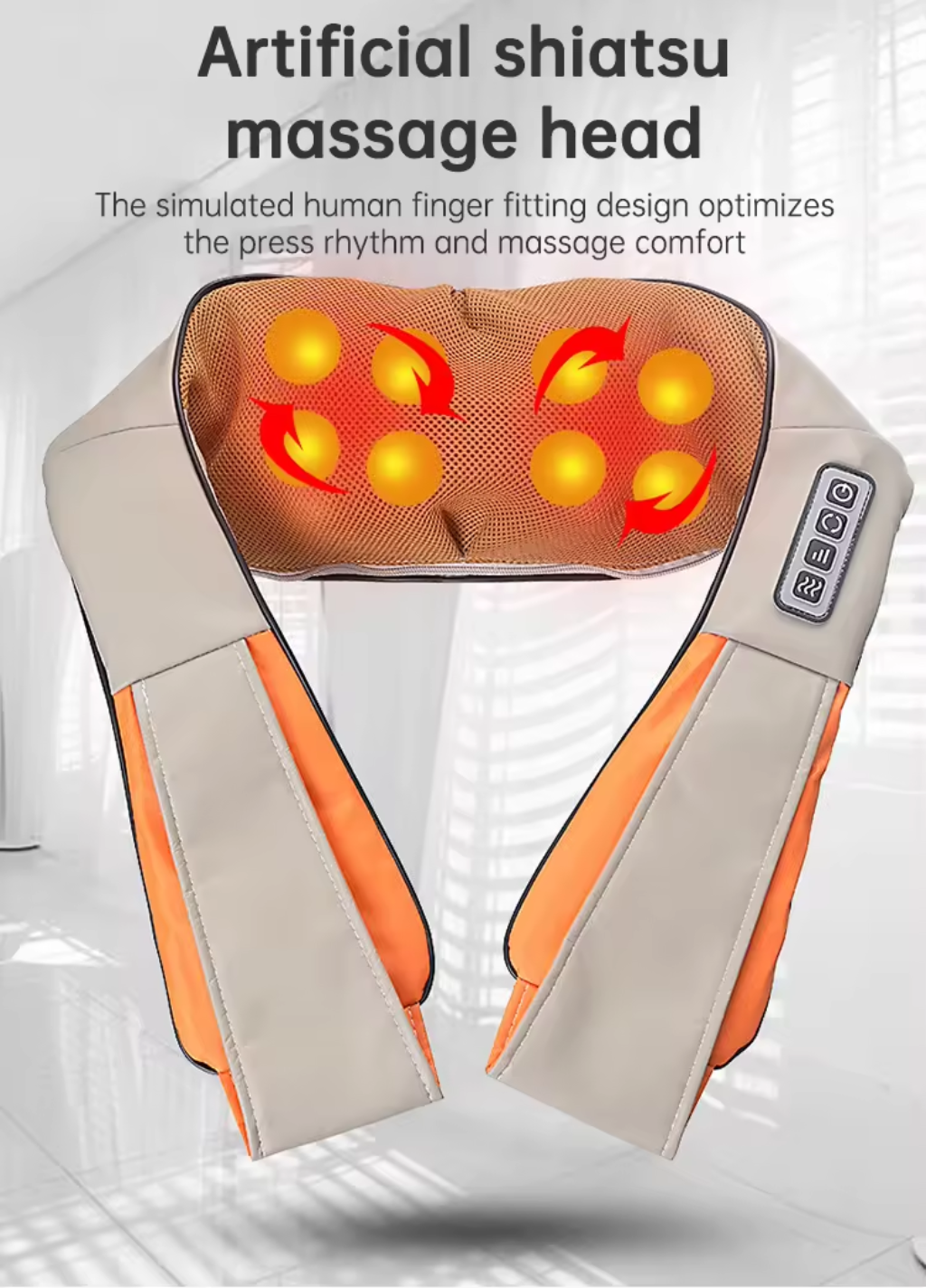 Beige and orange neck and shoulder massager with artificial shiatsu massage heads, simulating human finger pressure for optimized rhythm and comfort.