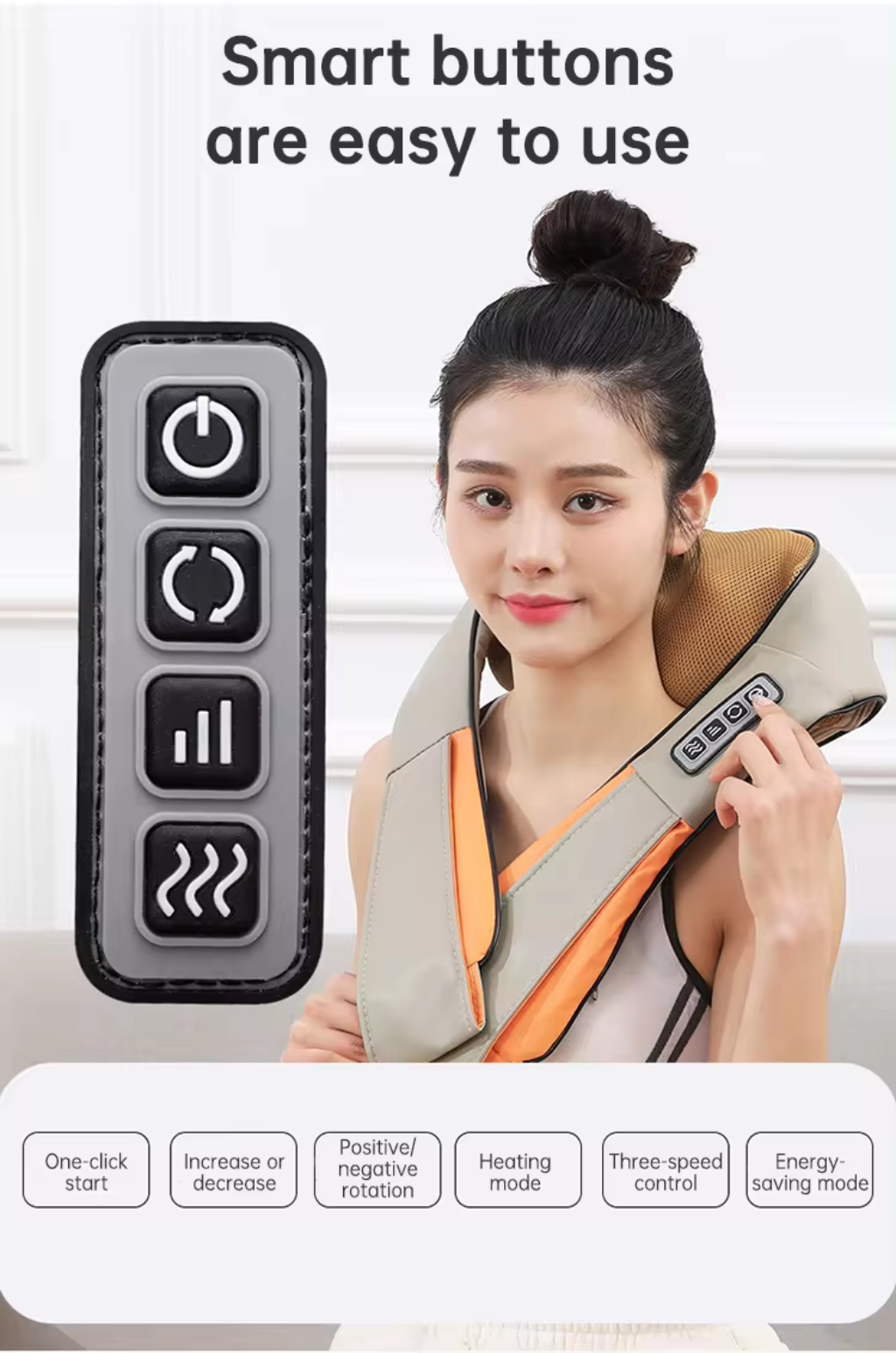 Woman demonstrating the smart buttons of a beige neck and shoulder massager, highlighting its ease of use and multiple function controls.