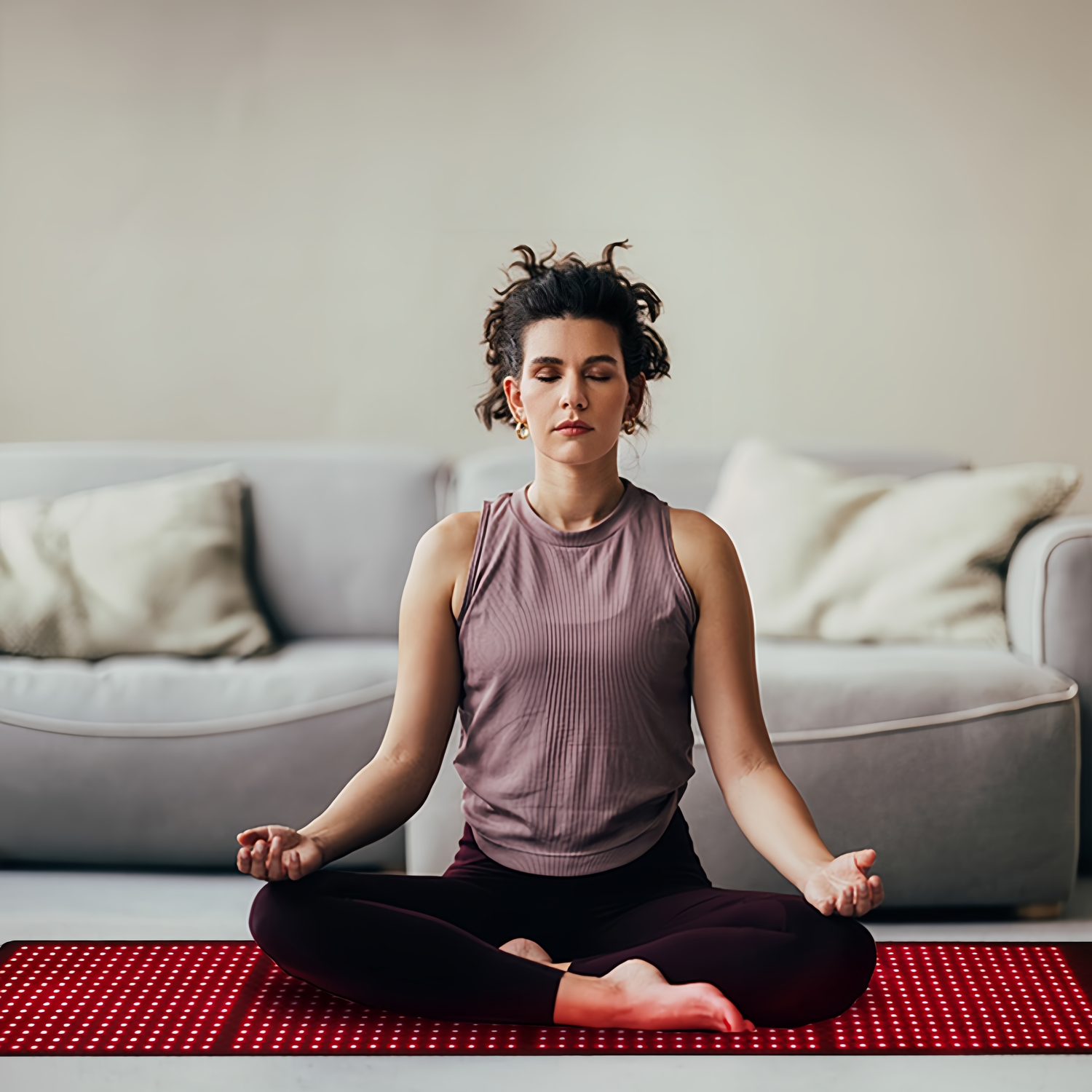 Woman meditating on a red light therapy mat, enhancing relaxation, muscle recovery, and overall wellness through the benefits of red light therapy.